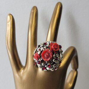 Vintage Red Floral Filigree Ring Silver Tone with Crystals